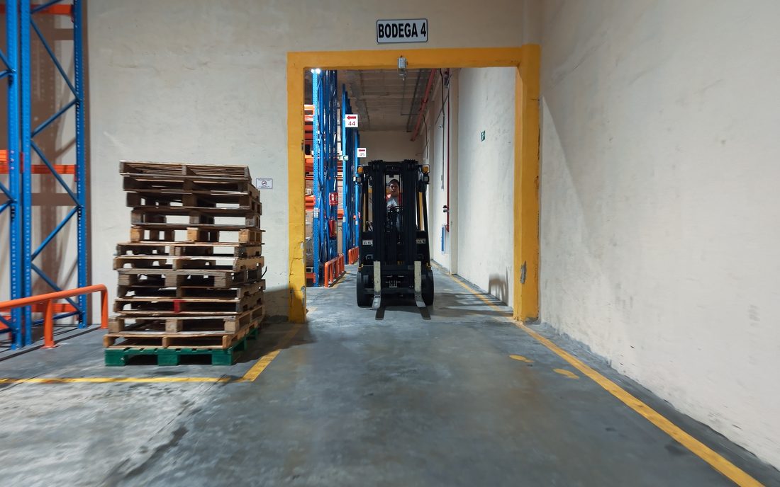 Acceso a Bodega 4 con pallets y montacargas en tránsito